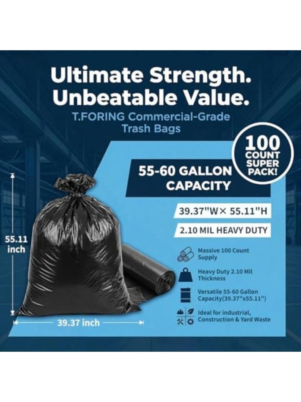 Heavy Duty 55-60 Gallon Trash Bags, 2.1 Mil Thickness, 100 Count, Extra Strong - Picture 2 of 6